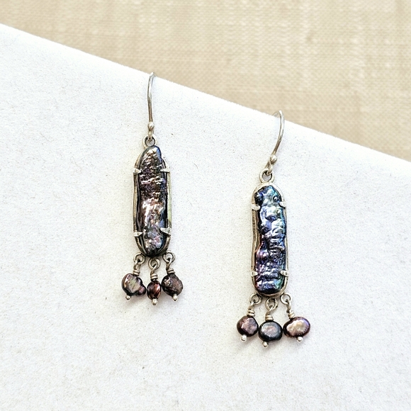 Peacock Stick Natural Pearls Dangle Earrings 925 - Picture 11 of 15